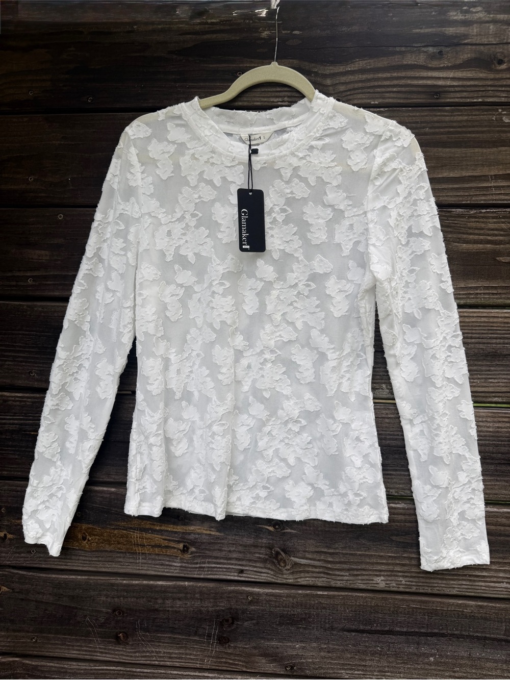 White Floral Lace Sheer Mesh Long Sleeve Top L Coquette Y2K Going Out Bodycon